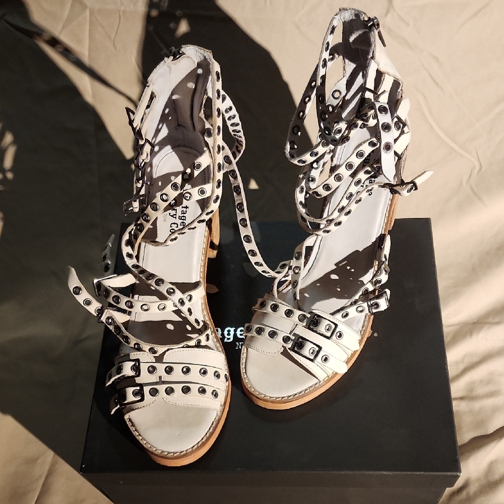 Vintage Foundry Co. White Studded Heels with Crisscross Straps